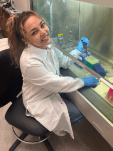 Ariana Chavez pipetting in the tissue culture hood in the Mierau Lab.