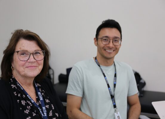 From left, Patricia Masson, a nurse with the Pressure Check team, and clinical research coordinator Ricardo Aguayo