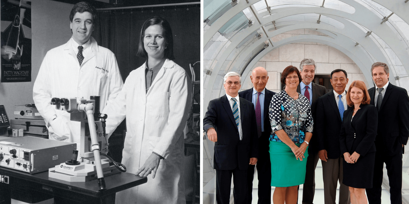 Drs. Joan W. Miller and Anthony Adamis in the laboratory at Mass Eye and Ear (left), and years later, when they were announced as winners of the 2014 Antonio Champalimaud Award Vision Award for the development of anti-VEGF drugs (right).